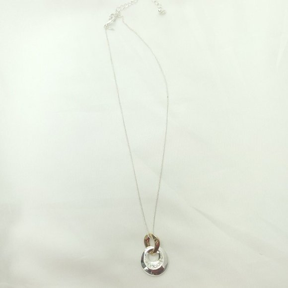 Womens Silver Fashion Flat Link Chain Lobster Clasp Gold Circle Pendent Necklace - Picture 1 of 7
